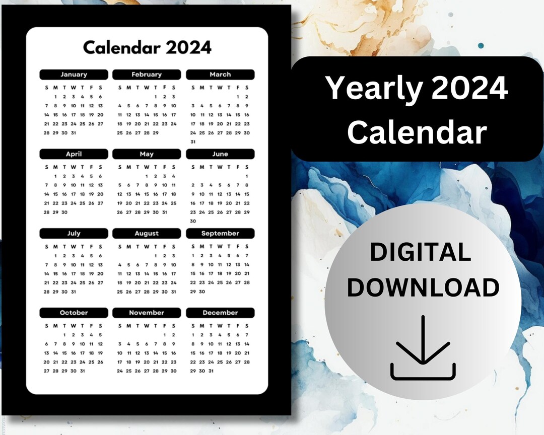 One Page Calendar 2024 Calendar PDF 12 Month Calendar Yearly Etsy