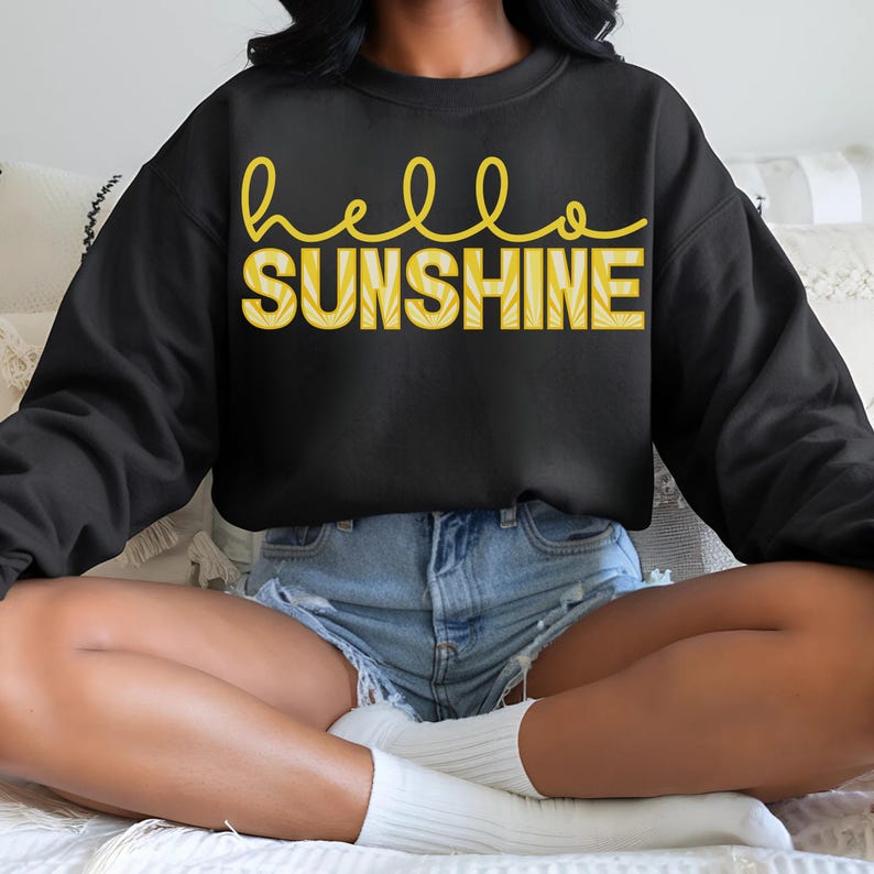 Hello Sunshine Sweatshirt, Long Sleeve Sunshine Shirt, Summer Lightweight Sweatshirt, Sunset Crewneck, Girls Trip Summer Gift, Beach Sweater Black