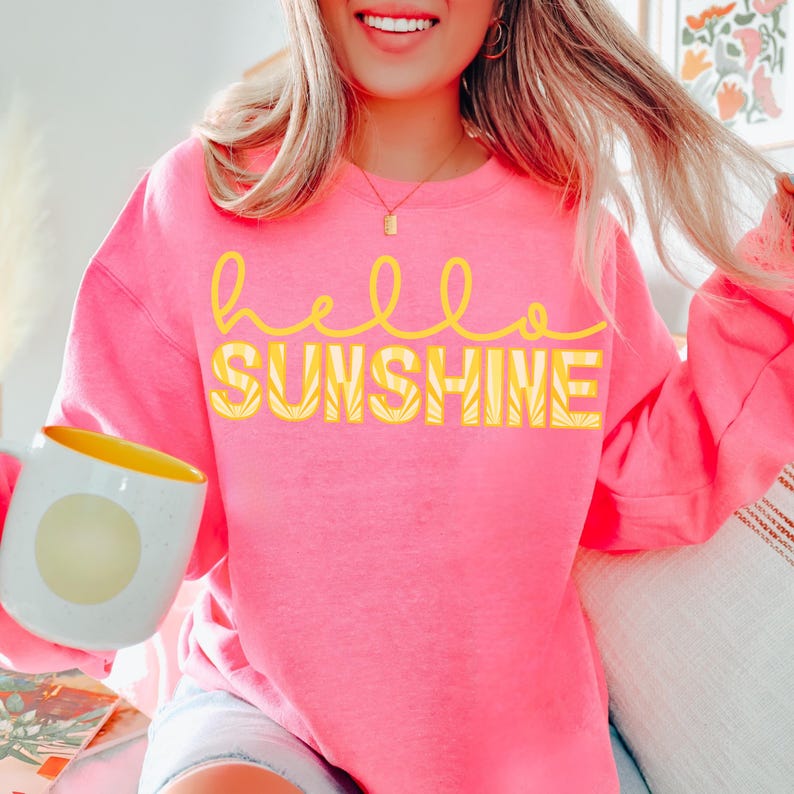 Hello Sunshine Sweatshirt, Long Sleeve Sunshine Shirt, Summer Lightweight Sweatshirt, Sunset Crewneck, Girls Trip Summer Gift, Beach Sweater Safety Pink