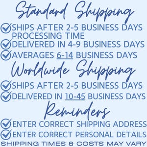 May include: A light blue graphic with text about shipping times and reminders. The text includes "Standard Shipping", "Worldwide Shipping", and "Reminders". The text is in a handwritten style font.