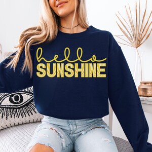 Hello Sunshine Sweatshirt, Long Sleeve Sunshine Shirt, Summer Lightweight Sweatshirt, Sunset Crewneck, Girls Trip Summer Gift, Beach Sweater Navy