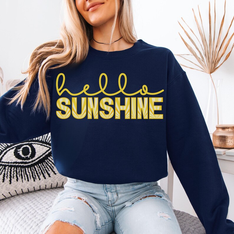 Hello Sunshine Sweatshirt, Long Sleeve Sunshine Shirt, Summer Lightweight Sweatshirt, Sunset Crewneck, Girls Trip Summer Gift, Beach Sweater Navy