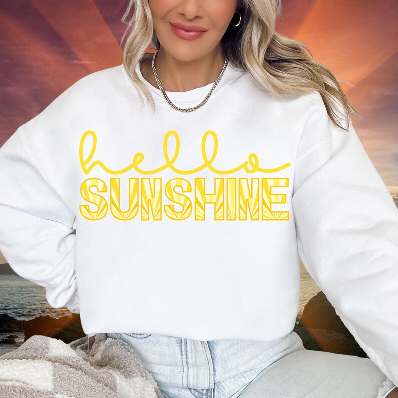 Hello Sunshine Sweatshirt, Long Sleeve Sunshine Shirt, Summer Lightweight Sweatshirt, Sunset Crewneck, Girls Trip Summer Gift, Beach Sweater White
