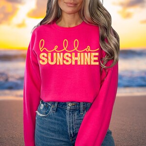 Hello Sunshine Sweatshirt, Long Sleeve Sunshine Shirt, Summer Lightweight Sweatshirt, Sunset Crewneck, Girls Trip Summer Gift, Beach Sweater Heliconia