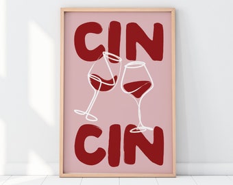 Puede incluir: Un póster rosa con la palabra "CIN" en letras rojas grandes, con dos copas de vino blanco chocando en el medio, y la palabra "CIN" en letras rojas grandes de nuevo en la parte inferior.