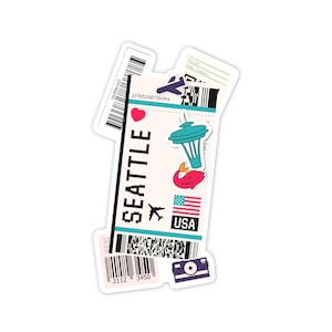 May include: A white sticker with the word "SEATTLE" in large, black letters. The sticker has a red heart, a blue and white Space Needle, a red crab with the words "FISH MARKET" and a small American flag with the word "USA" below it.