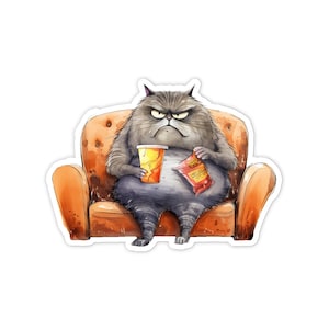 Puede incluir: Un gato gris con una expresión de enfado está sentado en un sillón naranja, sosteniendo una taza de líquido naranja y una bolsa de patatas fritas. La bolsa de patatas fritas tiene el texto "Spicy BBQ" en ella.