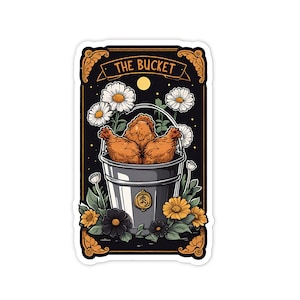May include: A vintage-style illustration of a bucket filled with fried chicken, surrounded by flowers. The text "THE BUCKET" is at the top of the image.