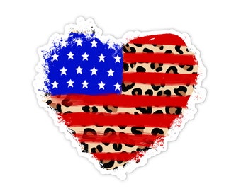 American Flag Heart Sticker: Leopard Print, Waterproof Vinyl (2.5")