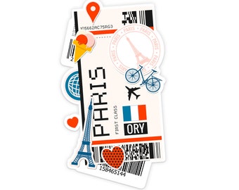 Può includere: Un biglietto di viaggio con un cuore rosso, un globo terrestre, un cono gelato rosa, una bicicletta blu, un aereo e una bandiera rosso, bianco e blu con il testo "ORY" e "FIRST CLASS". Il biglietto ha il testo "PHIS" e "PARIS".