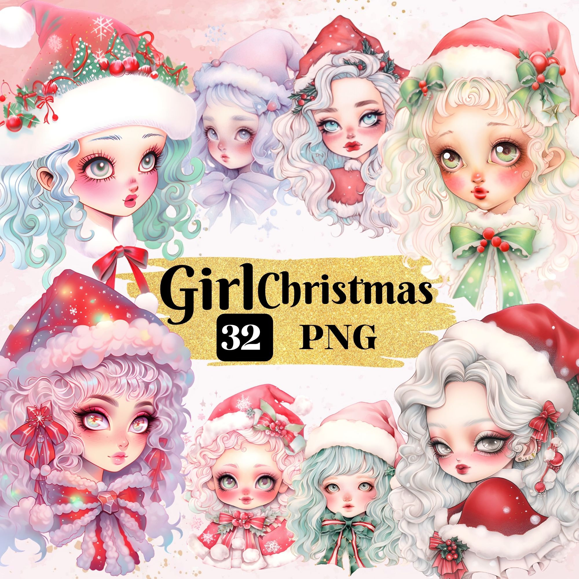 32 Girl Christmas Clipart PNG, Watercolor Illustration (digital ...