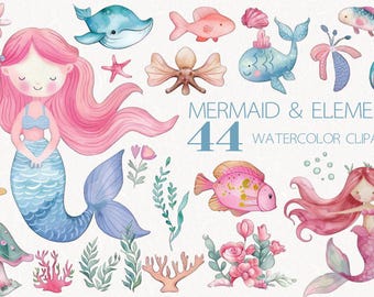 Meerjungfrau Aquarell Clipart - Bundle - Unter dem Meer (300 DPI)