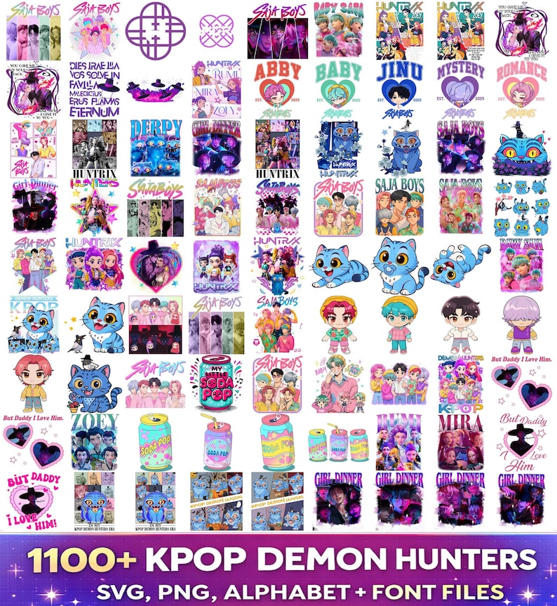 Kpop Demon Hunters PNG bundle with Saja Boys Huntrix graphics SVG alphabet and font for shirts stickers sublimation and digital design use