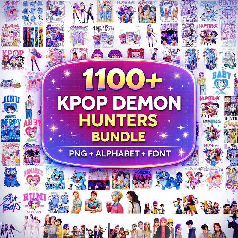 Kpop Demon Hunters PNG bundle with Saja Boys Huntrix graphics SVG alphabet and font for shirts stickers sublimation and digital design use, kpop png, kpop bundle, demon hunters, saja boys png, huntrix png, kpop clipart png, svg bundle, sublimation png, png bundle, kpop demon hunters, demon hunters png, kpop characters, kpop clipart