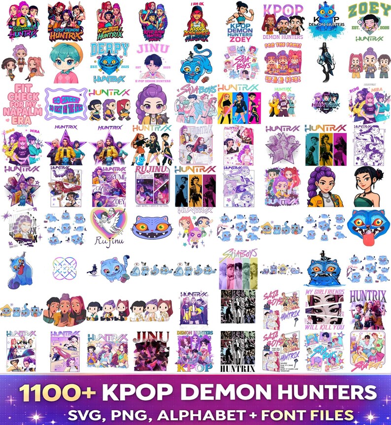 Kpop Demon Hunters PNG bundle with Saja Boys Huntrix graphics SVG alphabet and font for shirts stickers sublimation and digital design use