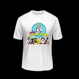 May include: White t-shirt featuring the Baby Looney Tunes characters. The design includes Bugs Bunny in a blue circle, the words "baby LOONEY TUNES", and the WB logo. Below are cartoon characters Sylvester, Tweety, Daffy Duck, and others.
