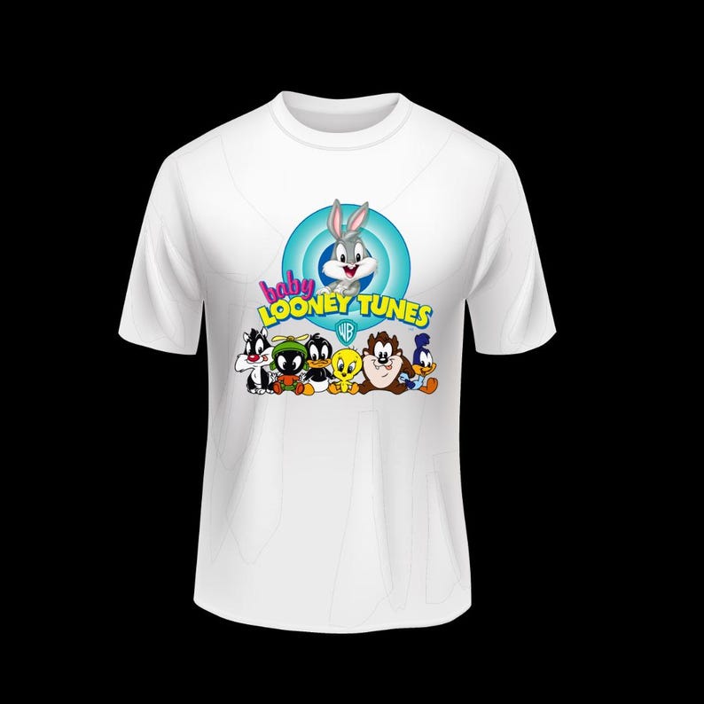 May include: White t-shirt featuring the Baby Looney Tunes characters. The design includes Bugs Bunny in a blue circle, the words "baby LOONEY TUNES", and the WB logo. Below are cartoon characters Sylvester, Tweety, Daffy Duck, and others.