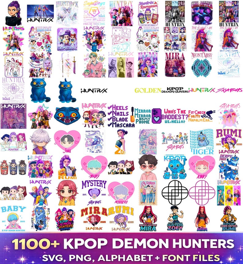 Kpop Demon Hunters PNG bundle with Saja Boys Huntrix graphics SVG alphabet and font for shirts stickers sublimation and digital design use