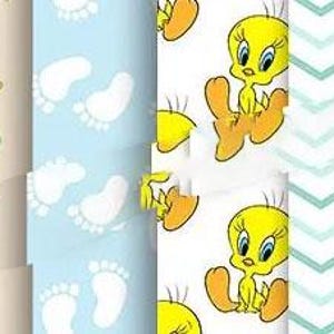 May include: A collection of cartoon-themed patterned papers. Designs include Bugs Bunny, Tweety Bird, Sylvester the Cat, and various chevron, heart, and footprint patterns in pastel colors. Ideal for crafting and scrapbooking.