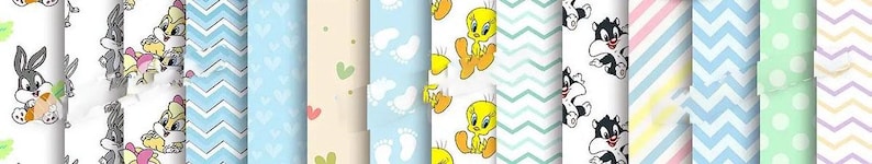 May include: A collection of cartoon-themed patterned papers. Designs include Bugs Bunny, Tweety Bird, Sylvester the Cat, and various chevron, heart, and footprint patterns in pastel colors. Ideal for crafting and scrapbooking.