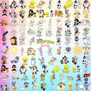 May include: A collection of colorful and black-and-white cartoon character images, including Bugs Bunny, Daffy Duck, and Tweety Bird. The phrase "baby LOONEY TUNES" is in the center, with a pink bow above it. The characters are in various poses.
