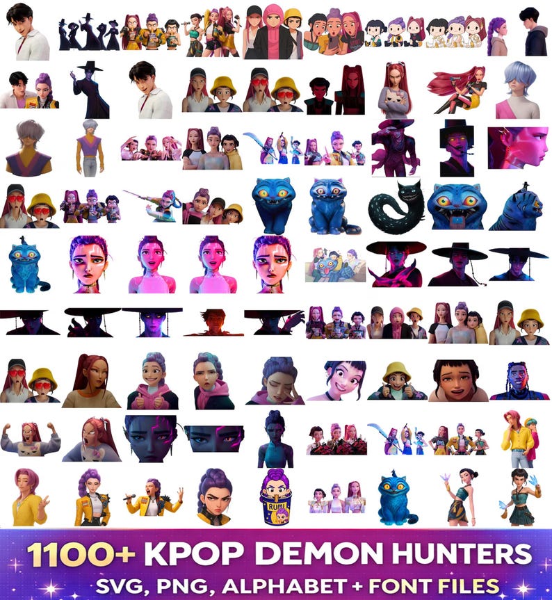 Kpop Demon Hunters PNG bundle with Saja Boys Huntrix graphics SVG alphabet and font for shirts stickers sublimation and digital design use