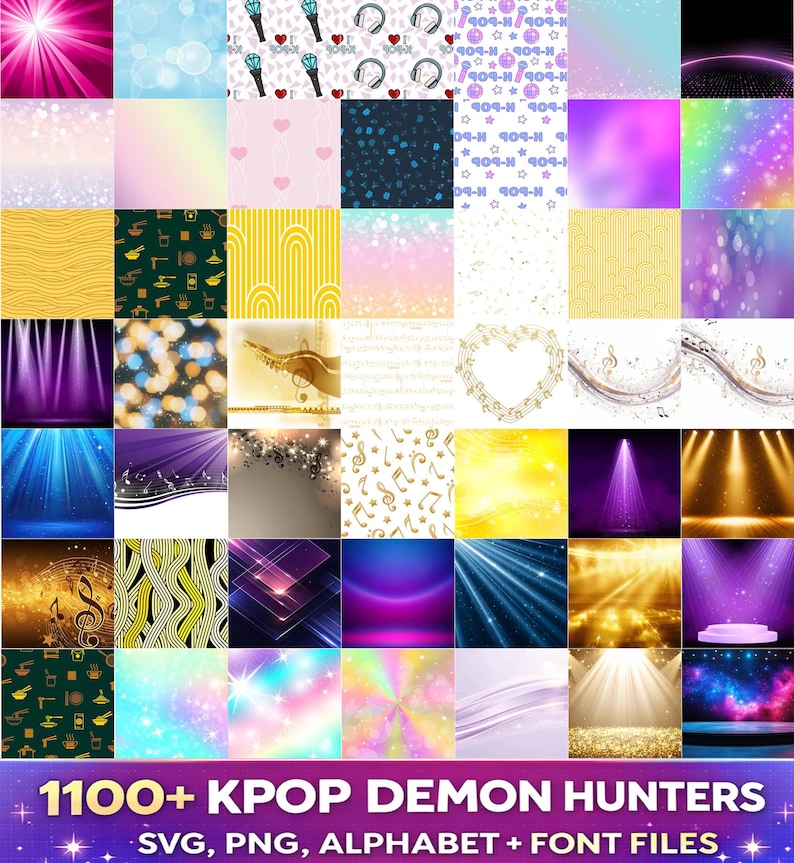 Kpop Demon Hunters PNG bundle with Saja Boys Huntrix graphics SVG alphabet and font for shirts stickers sublimation and digital design use