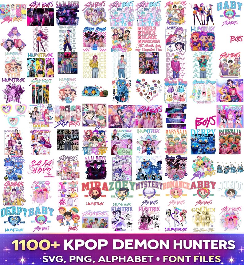 Kpop Demon Hunters PNG bundle with Saja Boys Huntrix graphics SVG alphabet and font for shirts stickers sublimation and digital design use