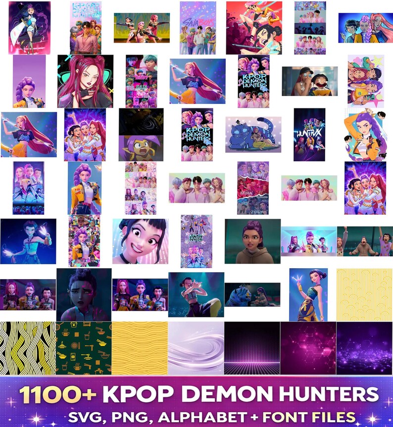 Kpop Demon Hunters PNG bundle with Saja Boys Huntrix graphics SVG alphabet and font for shirts stickers sublimation and digital design use