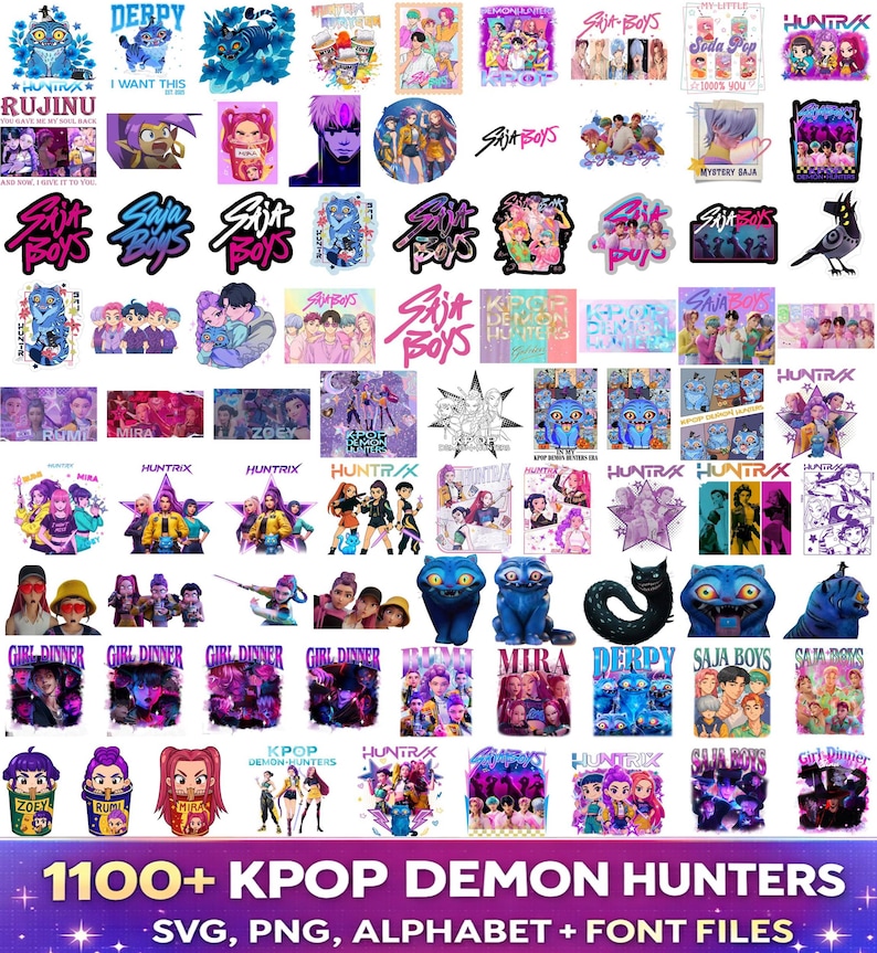 Kpop Demon Hunters PNG bundle with Saja Boys Huntrix graphics SVG alphabet and font for shirts stickers sublimation and digital design use