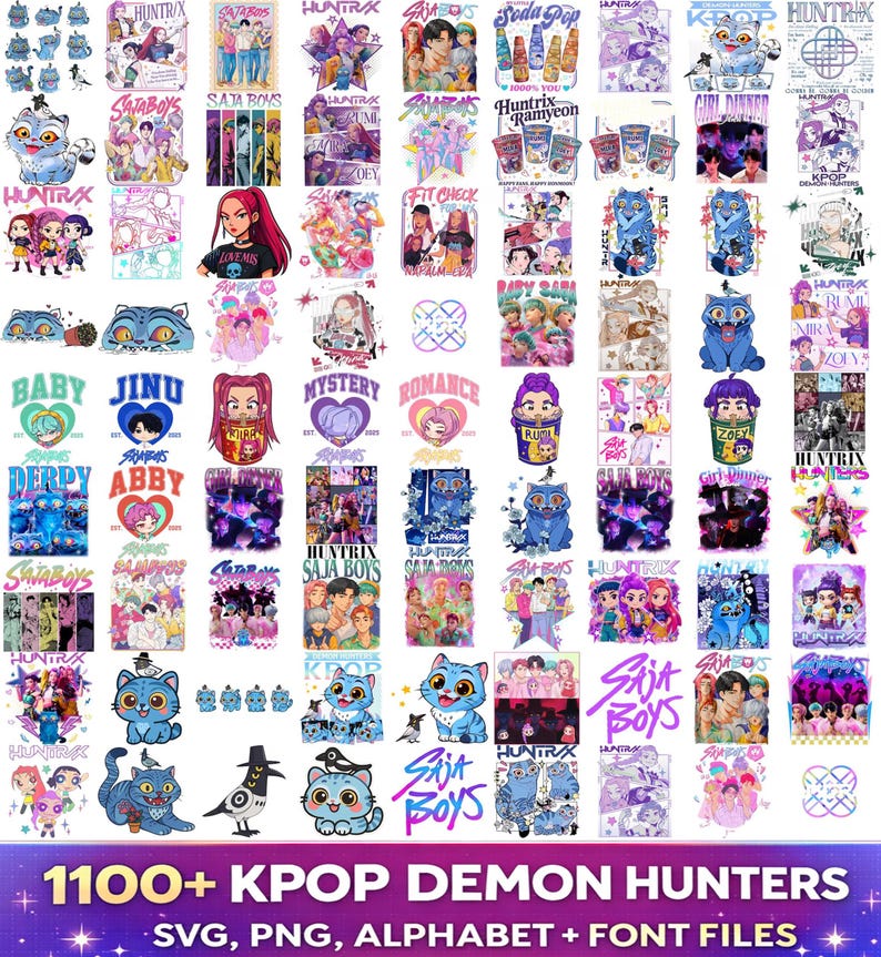Kpop Demon Hunters PNG bundle with Saja Boys Huntrix graphics SVG alphabet and font for shirts stickers sublimation and digital design use