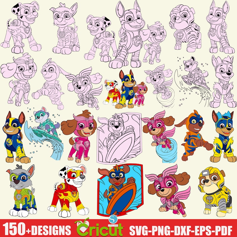 May include: A collection of 20 colourful cartoon dog illustrations in various poses, including surfing, flying, and standing. The dogs are wearing superhero costumes and are in different colours, including red, blue, yellow, and green. The illustrations are perfect for crafting projects, scrapbooking, and digital design.