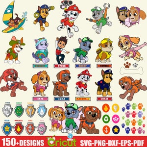 May include: A set of 150+ digital designs featuring the characters from the popular children's show, PAW Patrol. The designs include individual characters, paw prints, and other themed elements. The designs are perfect for creating crafts, party decorations, and more.