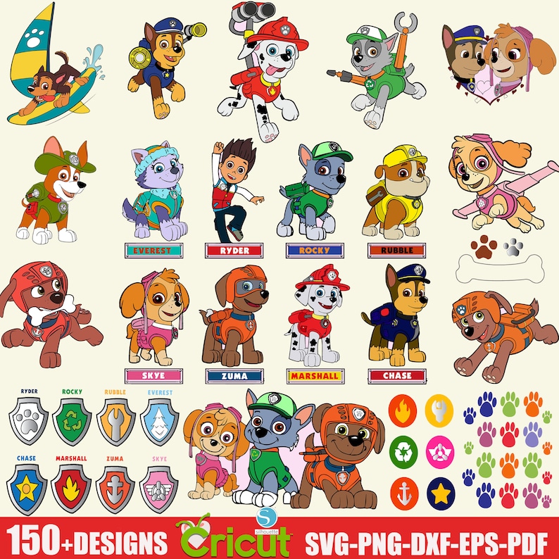 May include: A set of 150+ digital designs featuring the characters from the popular children's show, PAW Patrol. The designs include individual characters, paw prints, and other themed elements. The designs are perfect for creating crafts, party decorations, and more.