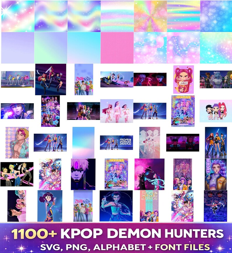 Kpop Demon Hunters PNG bundle with Saja Boys Huntrix graphics SVG alphabet and font for shirts stickers sublimation and digital design use