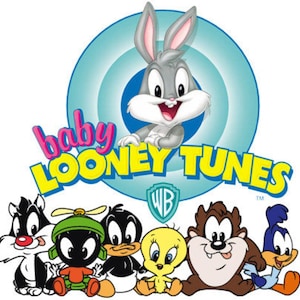 May include: A colorful illustration featuring the Baby Looney Tunes characters. Bugs Bunny is at the top, with other characters like Sylvester, Marvin the Martian, Daffy Duck, Tweety Bird, Taz, and Road Runner. The words "baby LOONEY TUNES" are also visible.