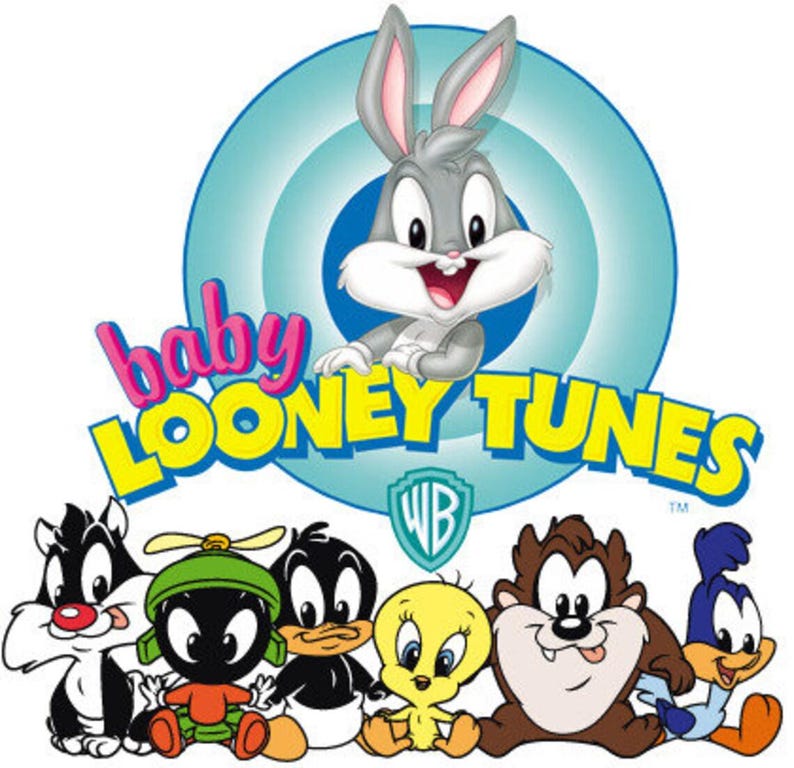May include: A colorful illustration featuring the Baby Looney Tunes characters. Bugs Bunny is at the top, with other characters like Sylvester, Marvin the Martian, Daffy Duck, Tweety Bird, Taz, and Road Runner. The words "baby LOONEY TUNES" are also visible.