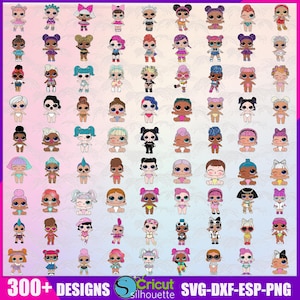 Puede incluir: Una colección de más de 300 diseños de muñecas en varios estilos, cada uno con peinados, atuendos y accesorios únicos. Las muñecas están en una variedad de poses y colores, con el texto "300+ DESIGNS" y "SVG-DXF-ESP-PNG" en la parte inferior.