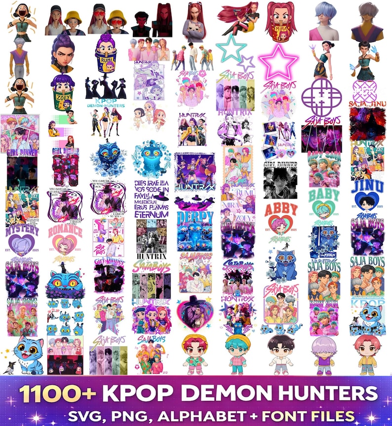 Kpop Demon Hunters PNG bundle with Saja Boys Huntrix graphics SVG alphabet and font for shirts stickers sublimation and digital design use