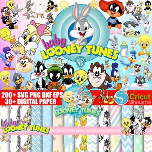 May include: A colorful digital art collection featuring various Looney Tunes characters, including Bugs Bunny, Daffy Duck, and Tweety Bird. The image includes the text "baby LOONEY TUNES" and "200+ SVG PNG DXF EPS 30+ DIGITAL PAPER".