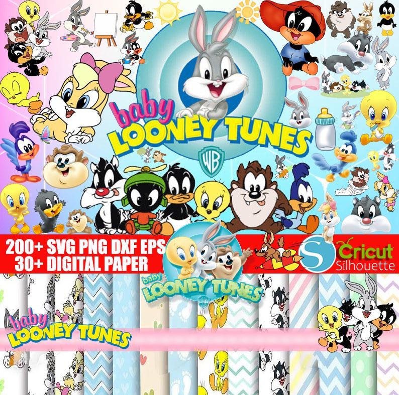 May include: A colorful digital art collection featuring various Looney Tunes characters, including Bugs Bunny, Daffy Duck, and Tweety Bird. The image includes the text "baby LOONEY TUNES" and "200+ SVG PNG DXF EPS 30+ DIGITAL PAPER".
