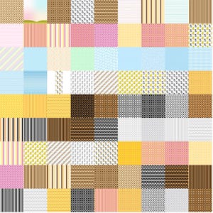May include: A collection of 64 patterned squares, each with a unique design. Patterns include stripes, polka dots, zigzags, floral, and abstract shapes. Colors range from pastels to bold hues, creating a diverse and visually engaging display.