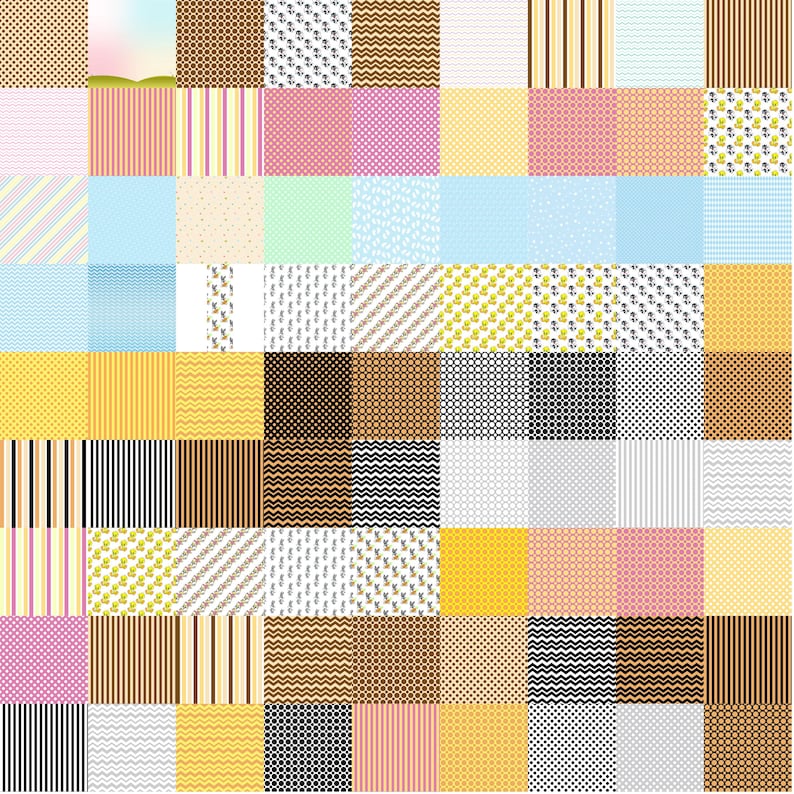 May include: A collection of 64 patterned squares, each with a unique design. Patterns include stripes, polka dots, zigzags, floral, and abstract shapes. Colors range from pastels to bold hues, creating a diverse and visually engaging display.