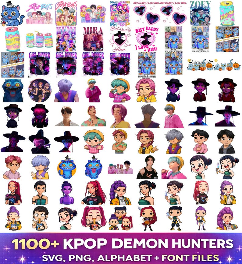 Kpop Demon Hunters PNG bundle with Saja Boys Huntrix graphics SVG alphabet and font for shirts stickers sublimation and digital design use