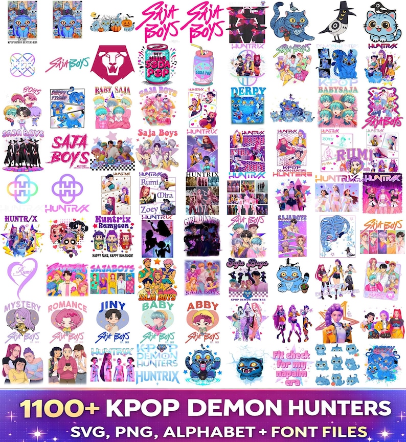 Kpop Demon Hunters PNG bundle with Saja Boys Huntrix graphics SVG alphabet and font for shirts stickers sublimation and digital design use