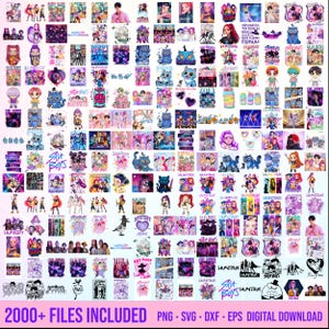 Può includere: Una raccolta di file digitali scaricabili con vari design, tra cui illustrazioni e grafiche. L'immagine presenta arte ispirata al K-pop e agli anime, con testo e vari tipi di file. Il testo "2000+ FILES INCLUDED" è visibile. I design sono in vari colori.