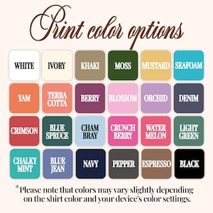 Puede incluir: Una tabla de colores que muestra 24 opciones de color diferentes para dise&ntilde;os de impresi&oacute;n. Los colores est&aacute;n dispuestos en cuatro filas de seis colores cada una. Los colores incluyen blanco, marfil, caqui, musgo, mostaza, espuma de mar, &ntilde;ame, terracota, baya, flor, orqu&iacute;dea, mezclilla, carmes&iacute;, abeto azul, cham bray, baya crujiente, sand&iacute;a, verde claro, menta calc&aacute;rea, mezclilla azul, azul marino, pimienta, espresso y negro.