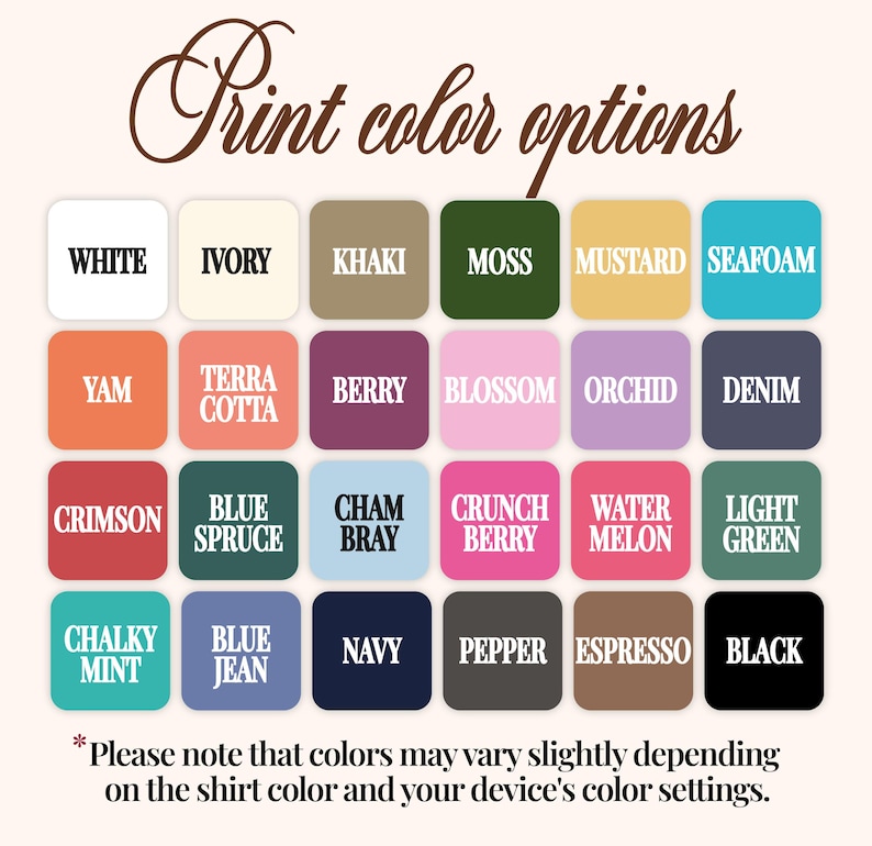 Puede incluir: Una tabla de colores que muestra 24 opciones de color diferentes para dise&ntilde;os de impresi&oacute;n. Los colores est&aacute;n dispuestos en cuatro filas de seis colores cada una. Los colores incluyen blanco, marfil, caqui, musgo, mostaza, espuma de mar, &ntilde;ame, terracota, baya, flor, orqu&iacute;dea, mezclilla, carmes&iacute;, abeto azul, cham bray, baya crujiente, sand&iacute;a, verde claro, menta calc&aacute;rea, mezclilla azul, azul marino, pimienta, espresso y negro.