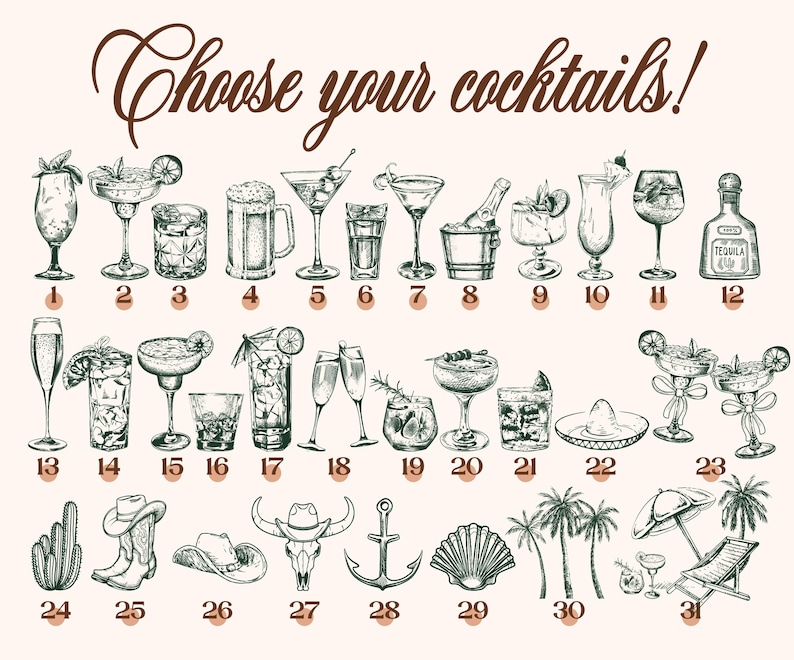 May include: A printable chart with 31 numbered illustrations of cocktails and other party-themed images. The chart is titled "Choose your cocktails!" and includes images of drinks, a cactus, a cowboy boot, a skull, an anchor, a seashell, palm trees, and a beach chair.