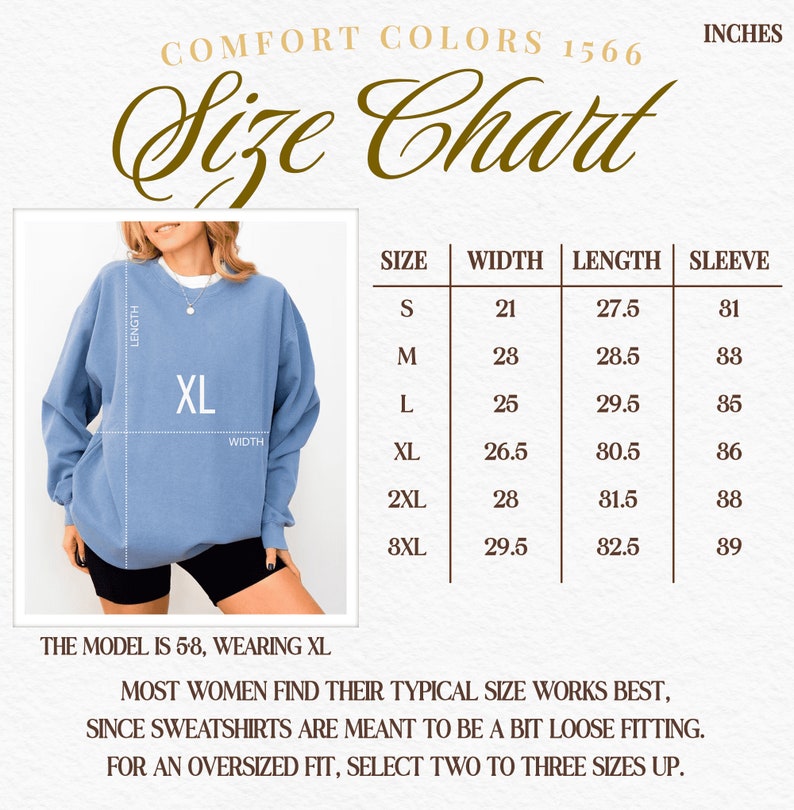 Puede incluir: Tabla de tallas para una sudadera con medidas en pulgadas para el ancho, la longitud y la longitud de la manga. La tabla muestra las tallas S a 8XL. La modelo lleva una talla XL.